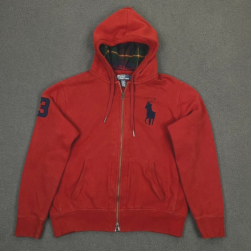 Polo Ralph Lauren Hoodie Mens Large Red Big Pony Full Zip Flannel Lined Hood VTG